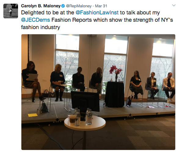 Congresswoman Carolyn Maloney's tweet featuring the entrepreneurship panel at the Fashion Law Institute symposium